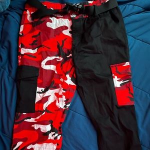 Black and red camo fitted pants